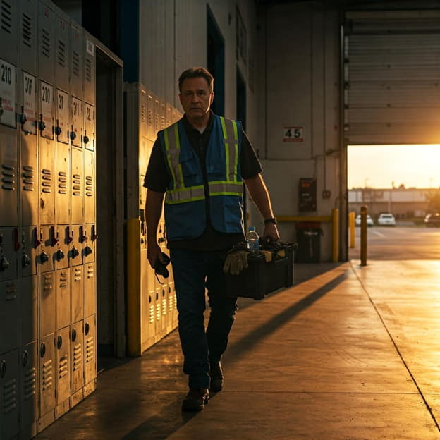 A warehouse worker carrying a box of personal items while leaving the building after a shift.
